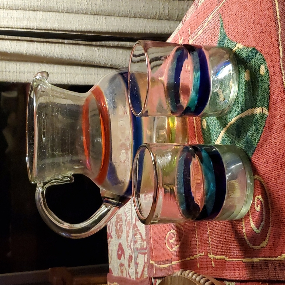 Vintage Hand Blown Glass Pitcher and Tumblers